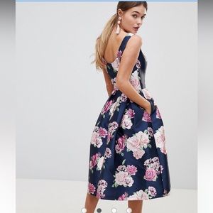 Chi Chi London Satin Midi Prom Dress In Floral Print
